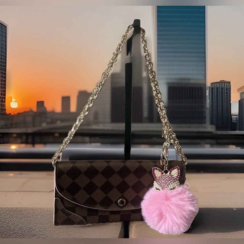 Authentic Louis Vuitton Caissa Wallet Damier Ebene Rose Ballerine W/COA & Chain